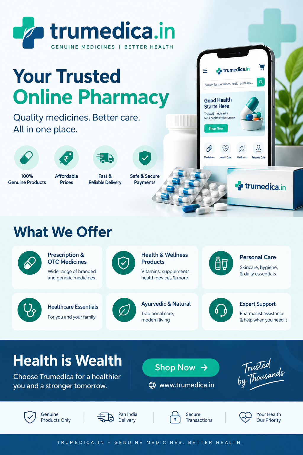 Trumedica online pharmacy poster featuring genuine medicines, healthcare products, affordable prices, reliable delivery, and secure payments.